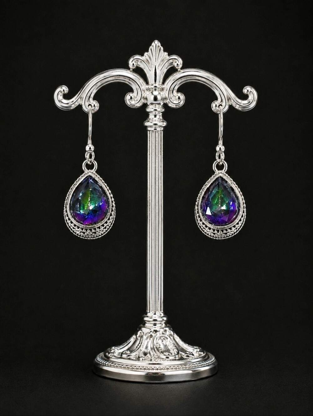 Mystic Topaz Purple Blue Green Rainbow Teardrop Pierced Silver Tone Earrings NEW